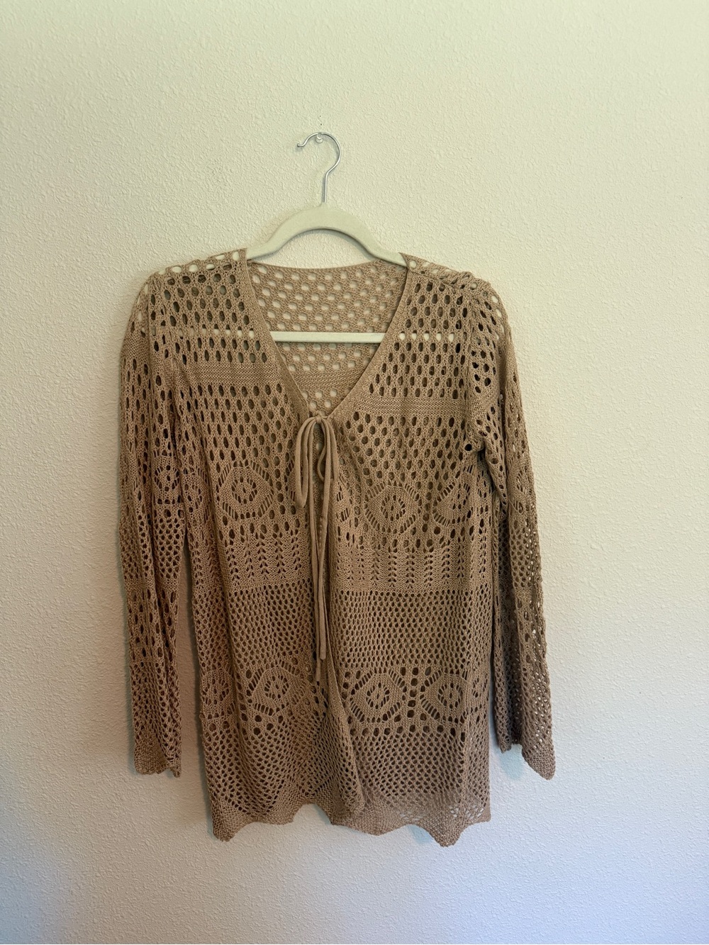 SHEIN Tan Openwork V-Neck Tie-Front Sweater